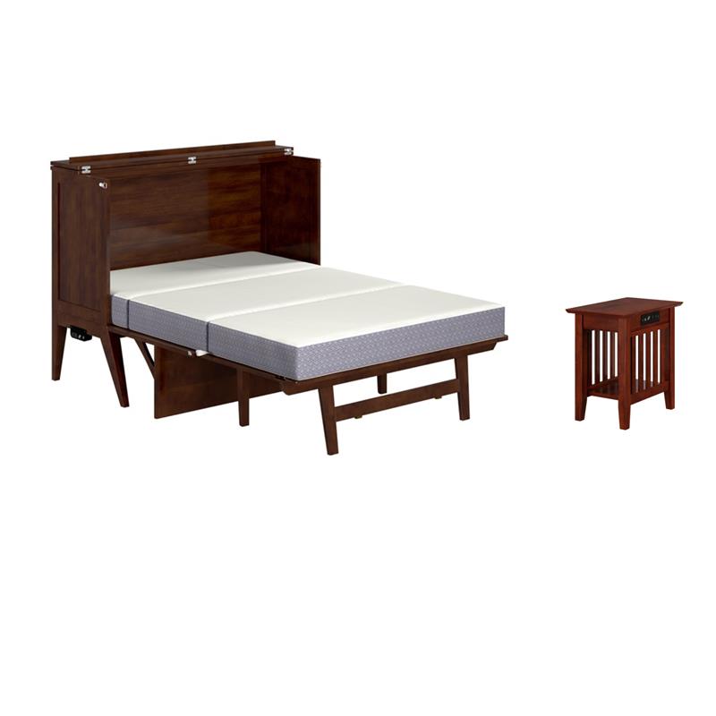 Pemberly Row Set of 2 Walnut Full Size Murphy Bed Desk w/ Mattress & Side Table