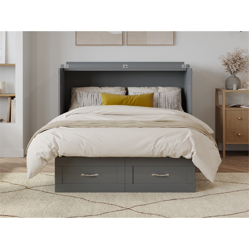 Pemberly Row Set of 2 Gray Full Size Murphy Bed Chest with Mattress & End Table