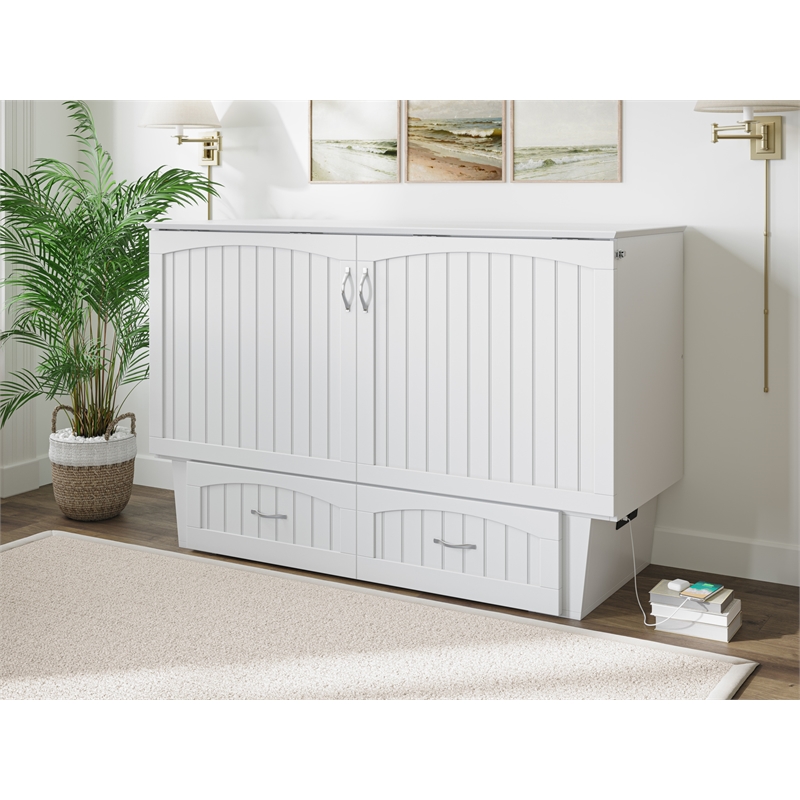 Pemberly Row Set of 2 Queen Murphy Bed Chest with Mattress & Side Table in White