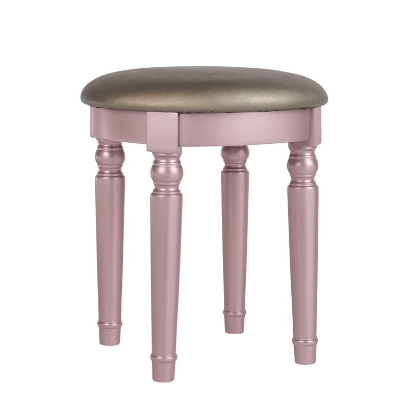 Pemberly Row Wood Vanity Set with Mirror and Stool in Pink Rose Gold Color