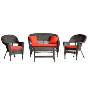 Pemberly Row 4Pcs Wicker Conversation Set in Espresso and Red-Orange Cushions