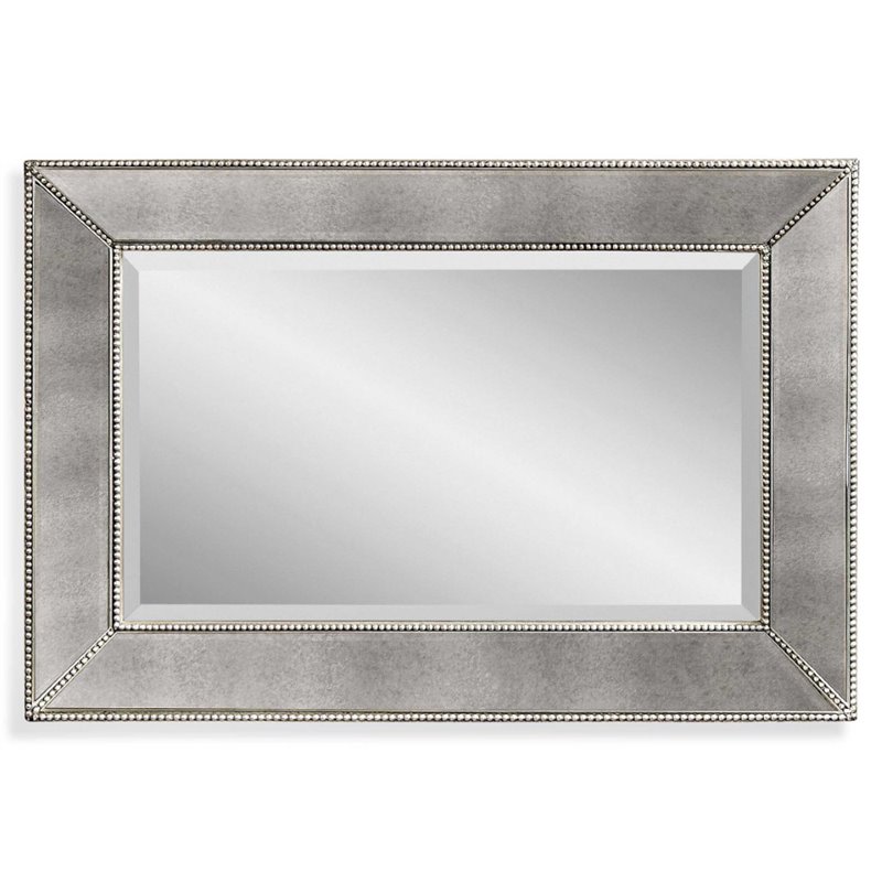 Pemberly Row Contemporary Beaded Wall Mirror in Silver Wood Frame