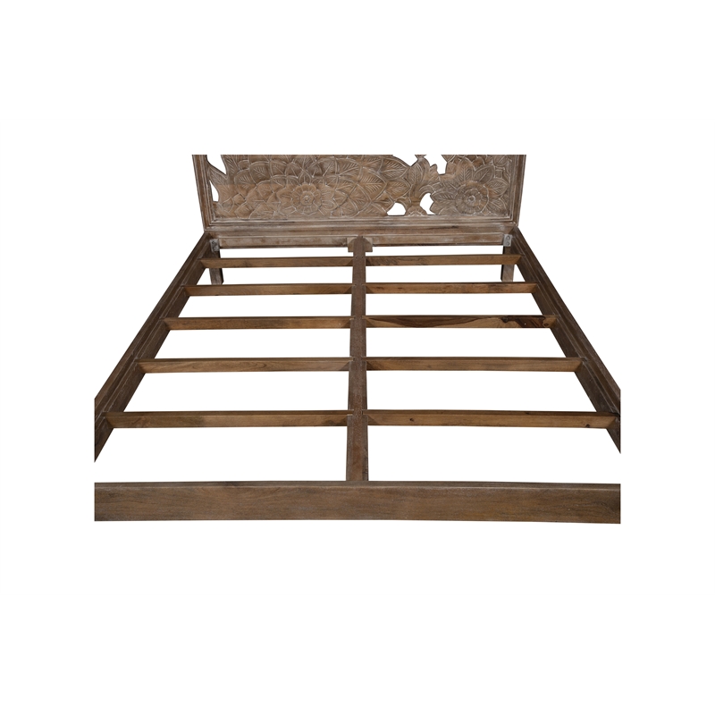 Pemberly Row Modern Solid Wood Hand Carved Motif Queen Bed in Tan