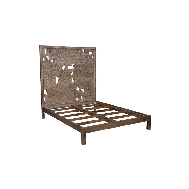 Pemberly Row Modern Solid Wood Hand Carved Motif Queen Bed in Tan