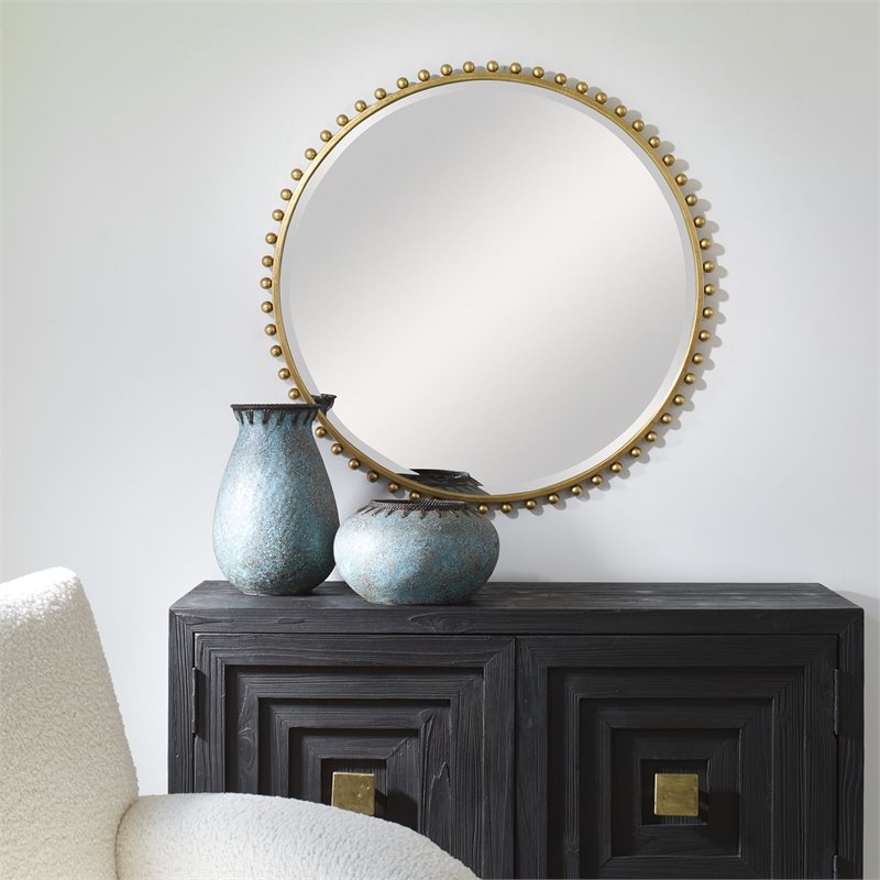 Pemberly Row Round Contemporary MDF and Iron Mirror in Gold Finish
