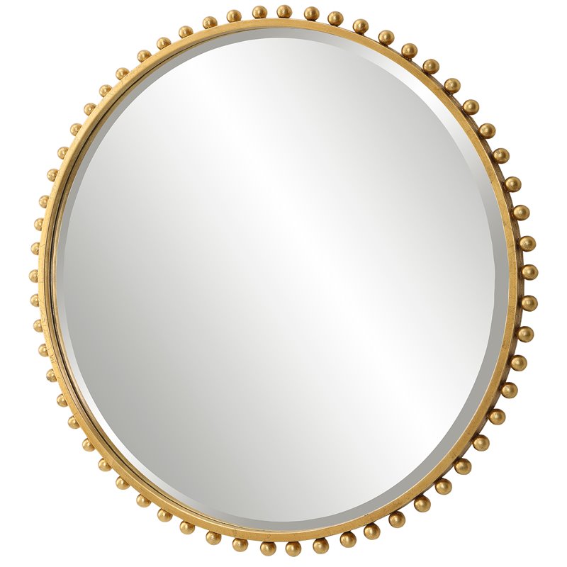 Pemberly Row Round Contemporary MDF and Iron Mirror in Gold Finish