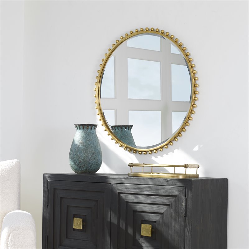 Pemberly Row Round Contemporary MDF and Iron Mirror in Gold Finish