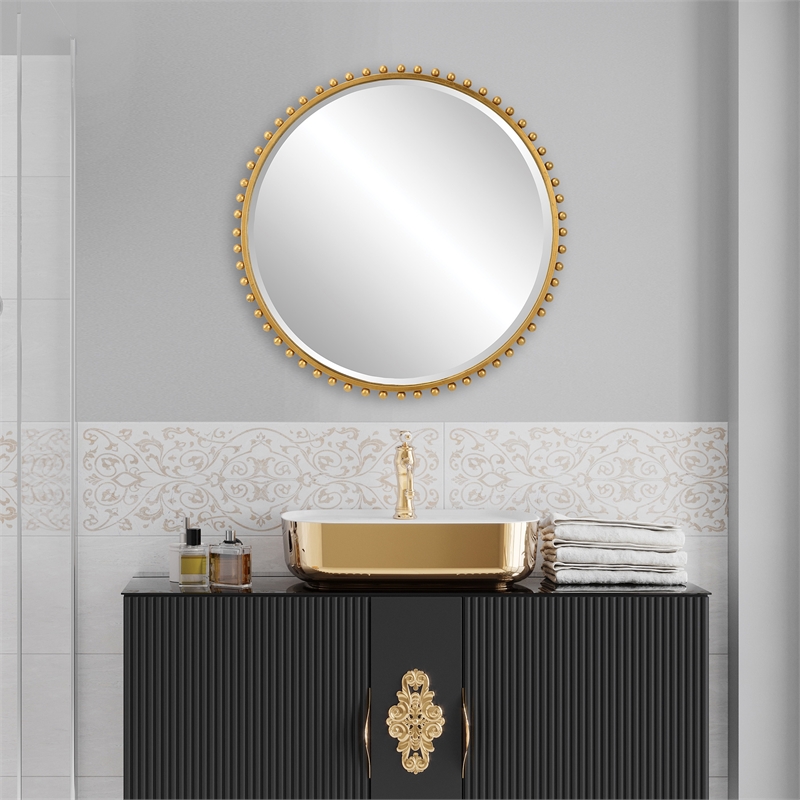 Pemberly Row Round Contemporary MDF and Iron Mirror in Gold Finish