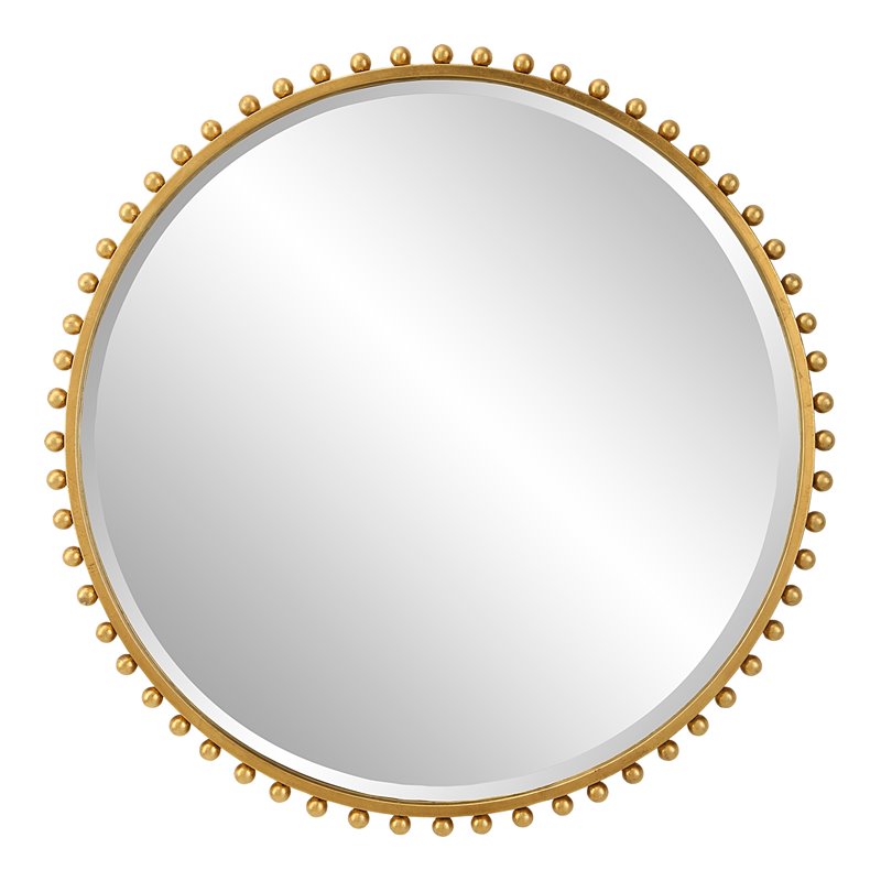 Pemberly Row Round Contemporary MDF and Iron Mirror in Gold Finish
