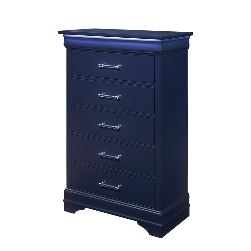 Pemberly Row Traditional Charlie Blue Wood 5-Drawer Chest with LED