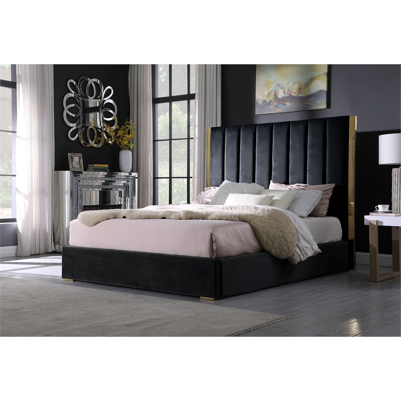 Pemberly Row Black Velvet California King Platform Bed with Gold Accents
