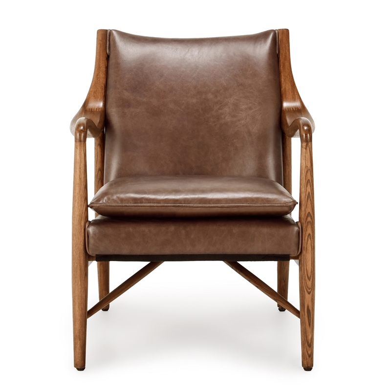 Pemberly Row Transitional Leather Club Chair in Chestnut/Honey Brown
