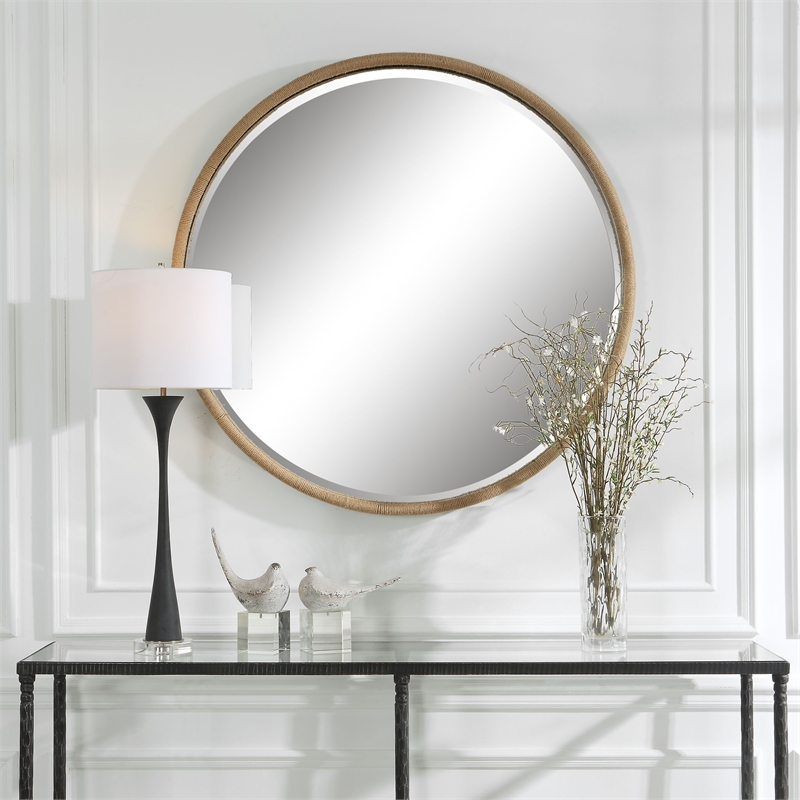 Pemberly Row Round Farmhouse Metal MDF and Rope Mirror in Brown