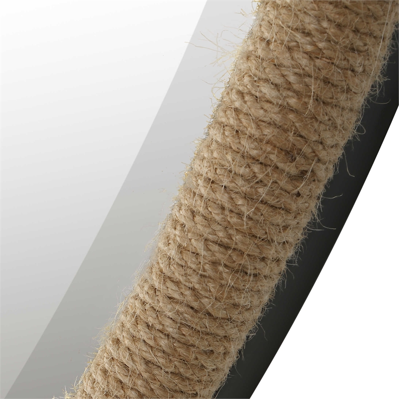 Pemberly Row Round Farmhouse Metal MDF and Rope Mirror in Brown