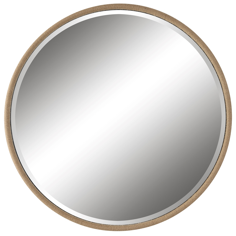 Pemberly Row Round Farmhouse Metal MDF and Rope Mirror in Brown
