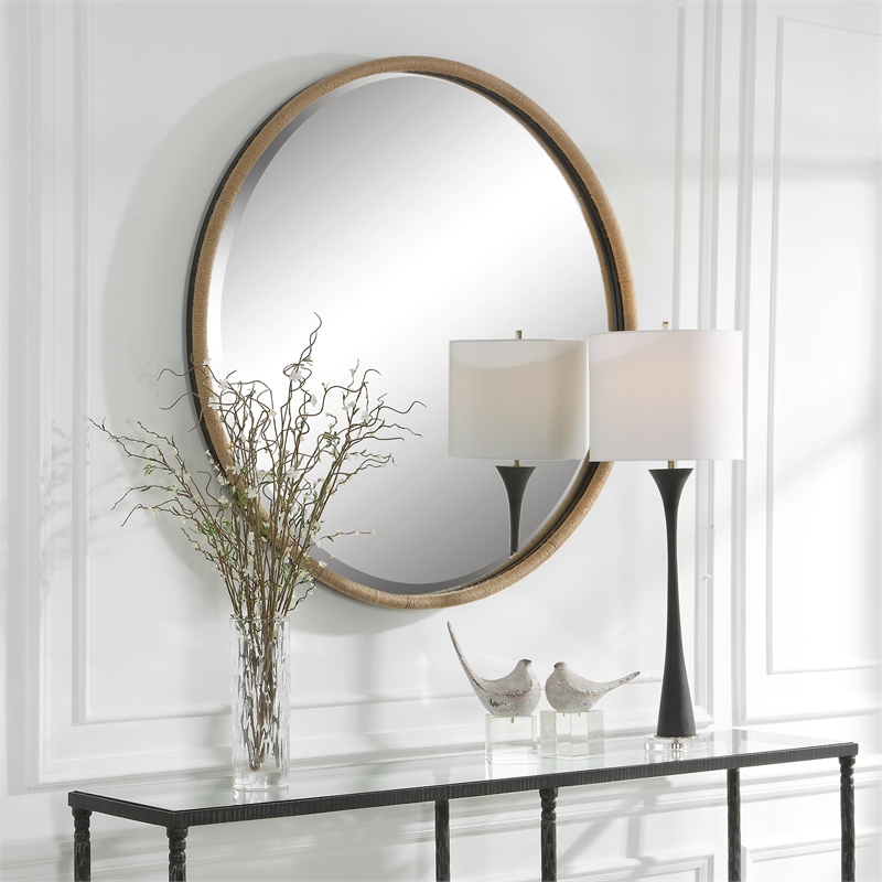 Pemberly Row Round Farmhouse Metal MDF and Rope Mirror in Brown