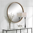 Pemberly Row Round Farmhouse Metal MDF and Rope Mirror in Brown