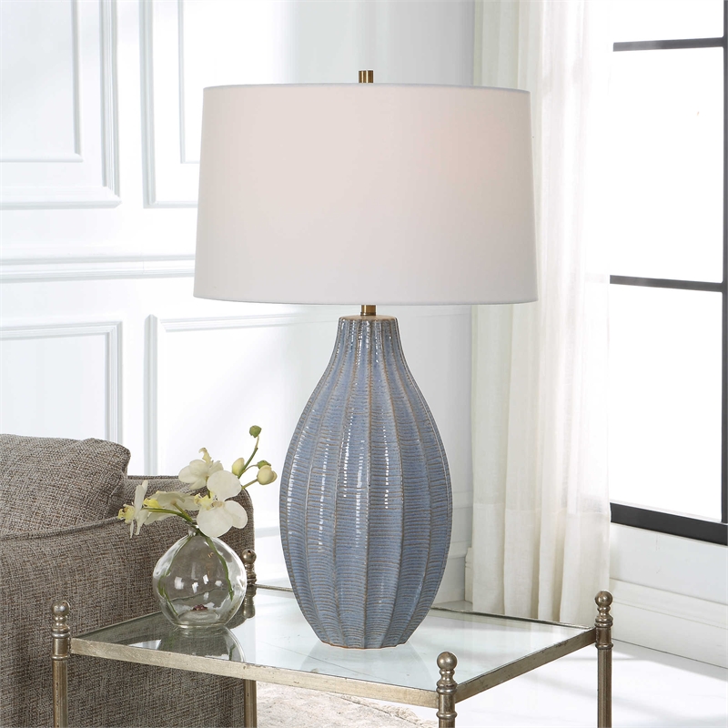 Pemberley Row Steel and Ceramic Blue Table Lamp Round 28