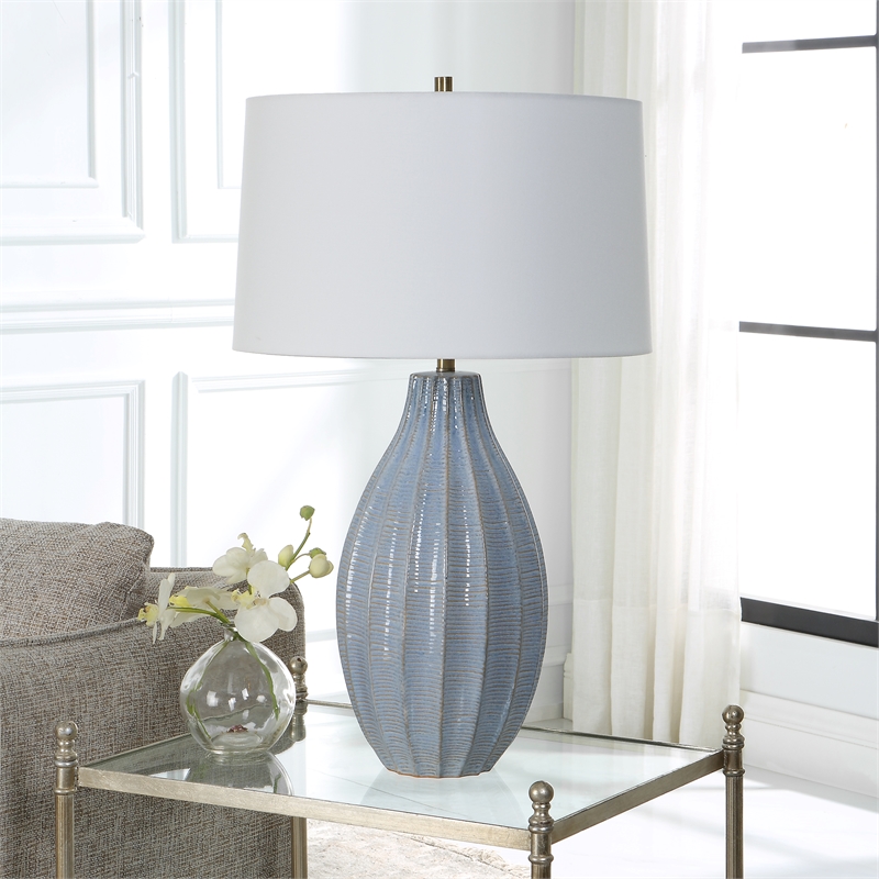 Pemberley Row Steel and Ceramic Blue Table Lamp Round 28