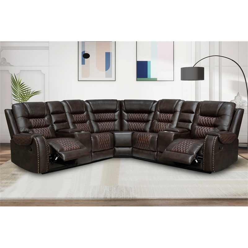 Pemberly Row 5 Piece Faux Leather Reclining Sectional in Brown