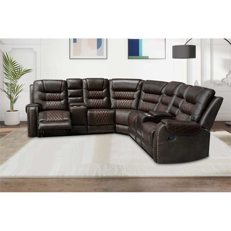 Pemberly Row 5 Piece Faux Leather Reclining Sectional in Brown