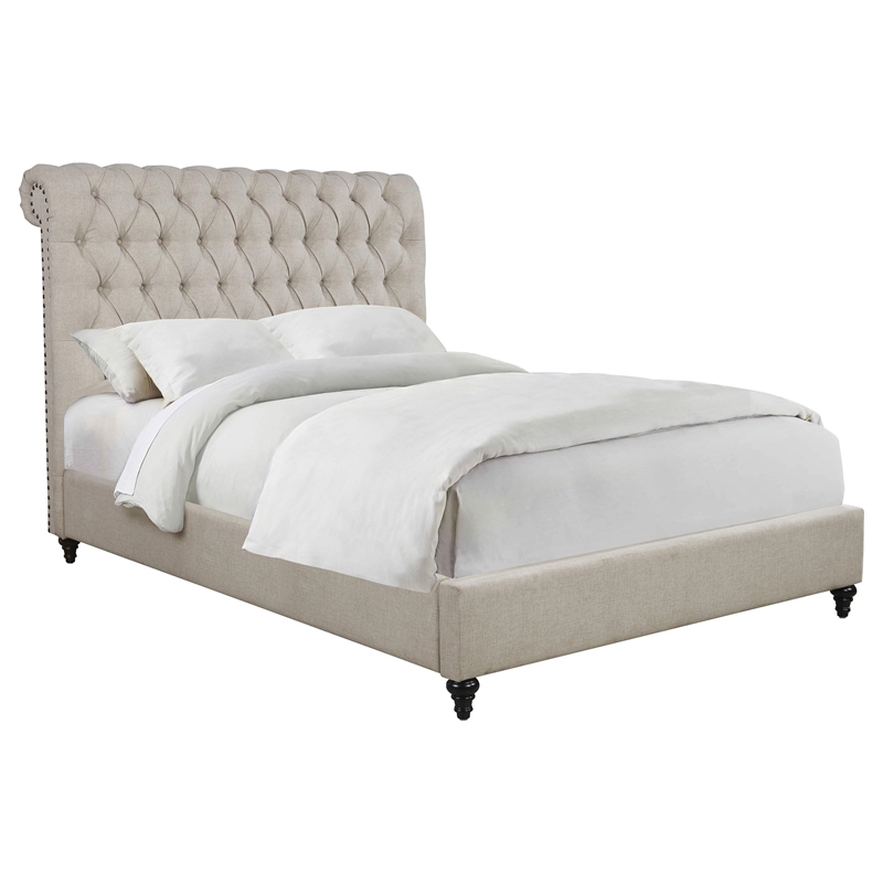 Pemberly Row Button Tufted Upholstered Fabric Full Bed in Beige