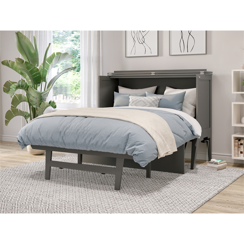 Pemberly Row Solid Wood Frame Full Size Murphy Bed Desk with Mattress in Gray