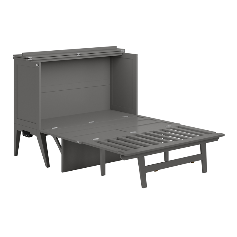 Pemberly Row Solid Wood Frame Full Size Murphy Bed Desk with Mattress in Gray