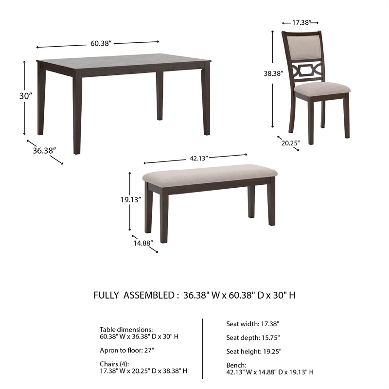 Pemberly Row Brown Dining Table and 4 Chairs and Bench - Set of 6