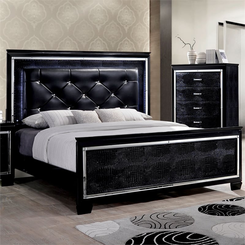 Pemberly Row Faux Leather California King LED Panel Bed in Black