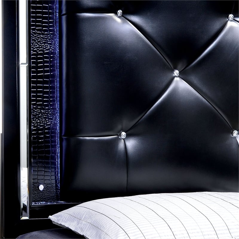 Pemberly Row Faux Leather California King LED Panel Bed in Black