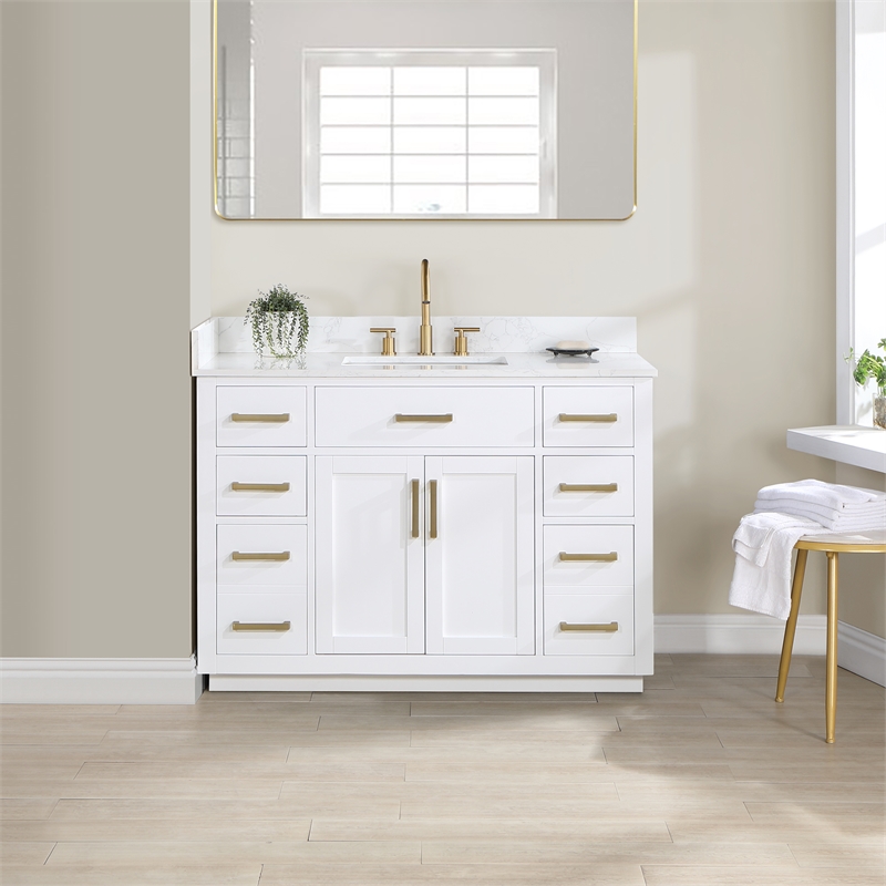 Pemberly Row Wood Vanity - White with Grain White Composite Stone Top