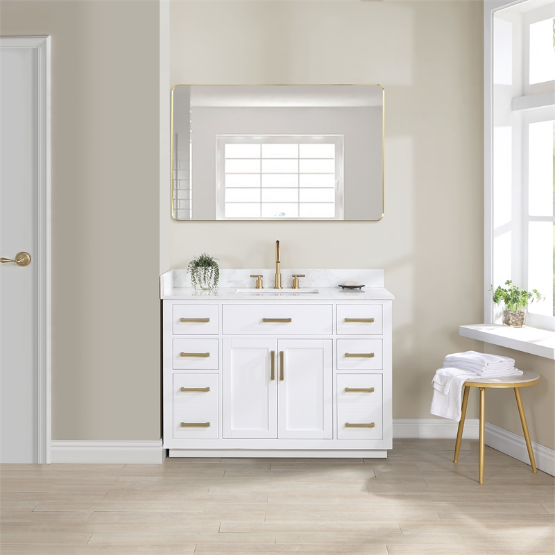 Pemberly Row Wood Vanity - White with Grain White Composite Stone Top