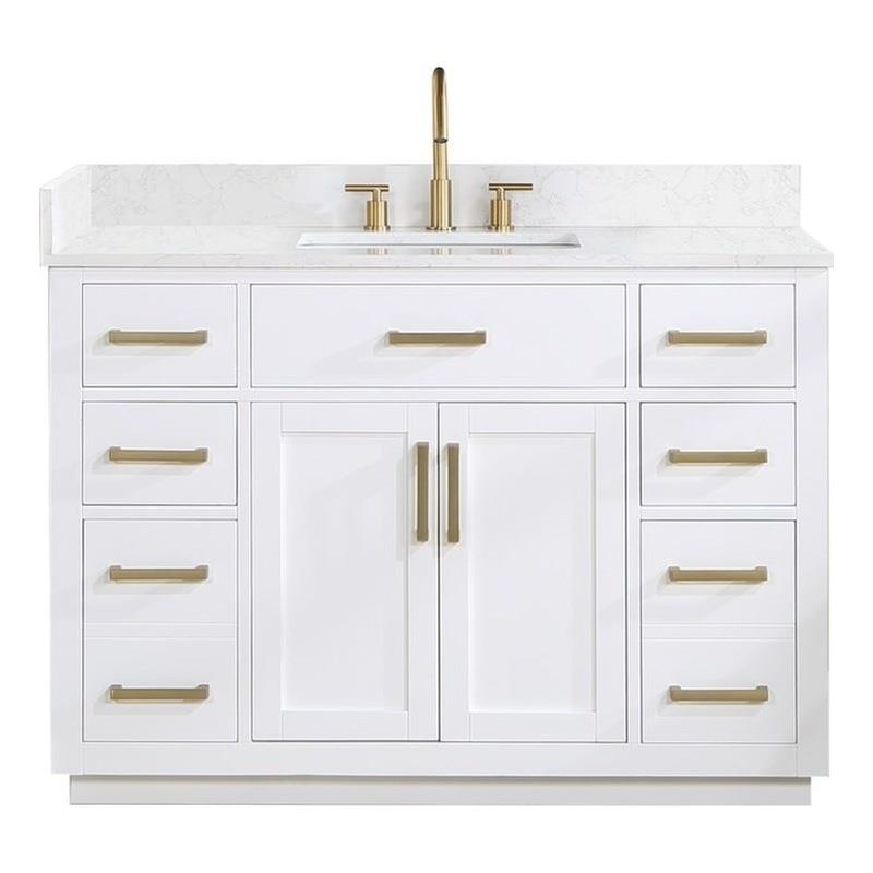 Pemberly Row Wood Vanity - White with Grain White Composite Stone Top