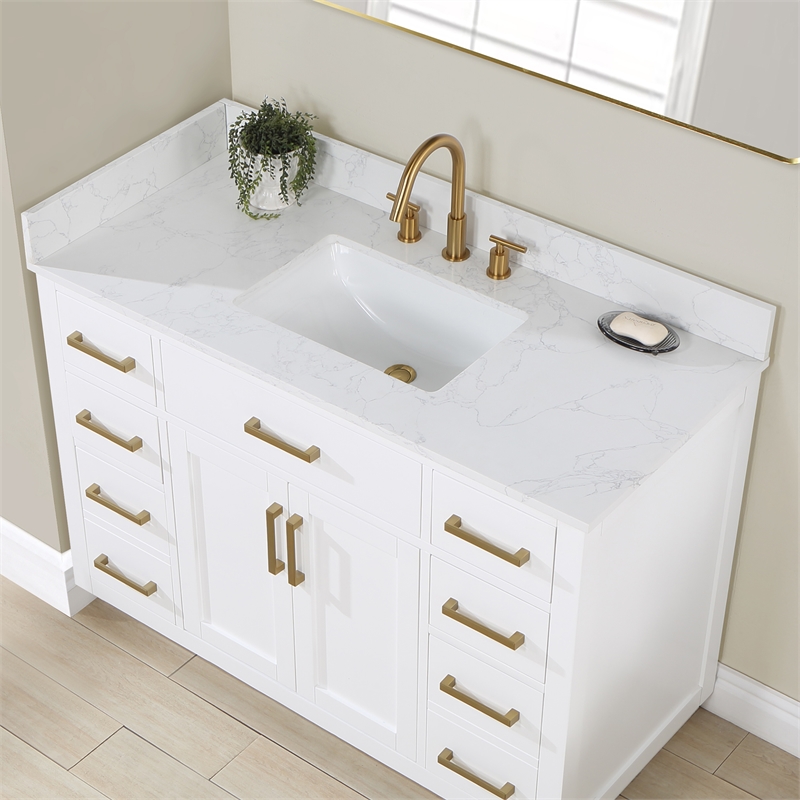 Pemberly Row Wood Vanity - White with Grain White Composite Stone Top
