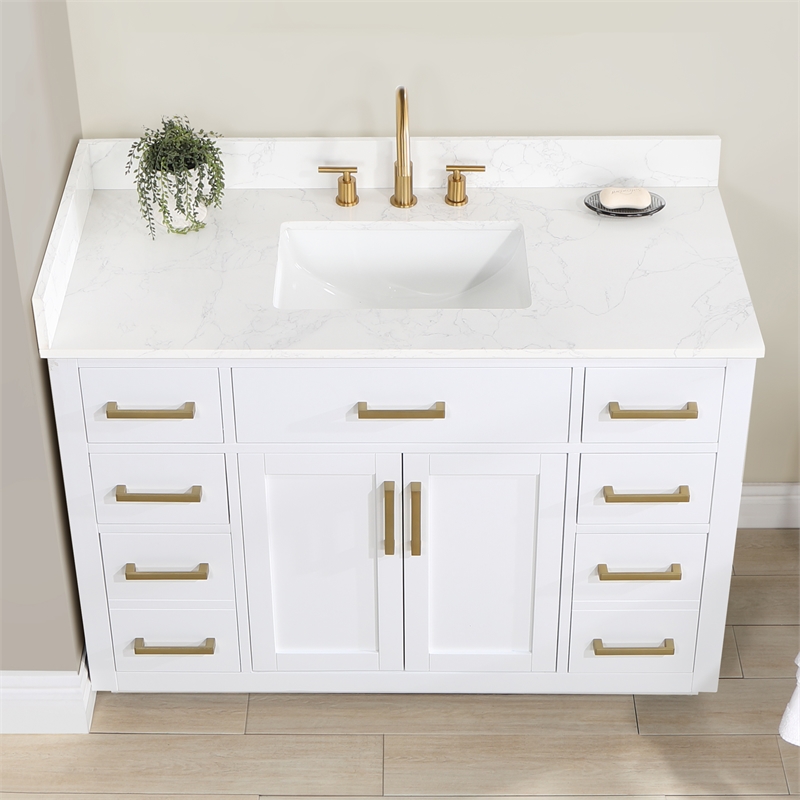 Pemberly Row Wood Vanity - White with Grain White Composite Stone Top