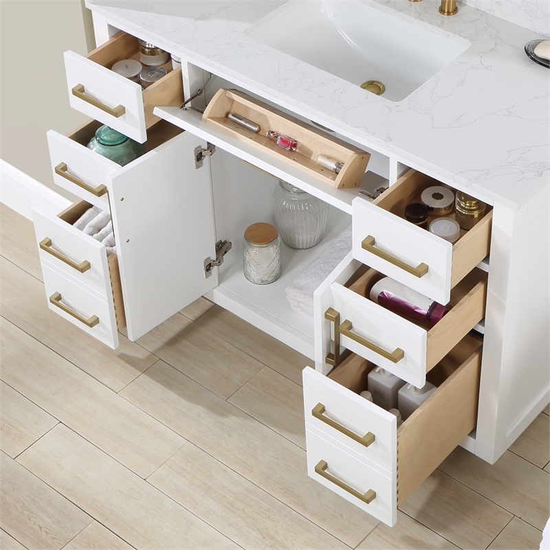Pemberly Row Wood Vanity - White with Grain White Composite Stone Top