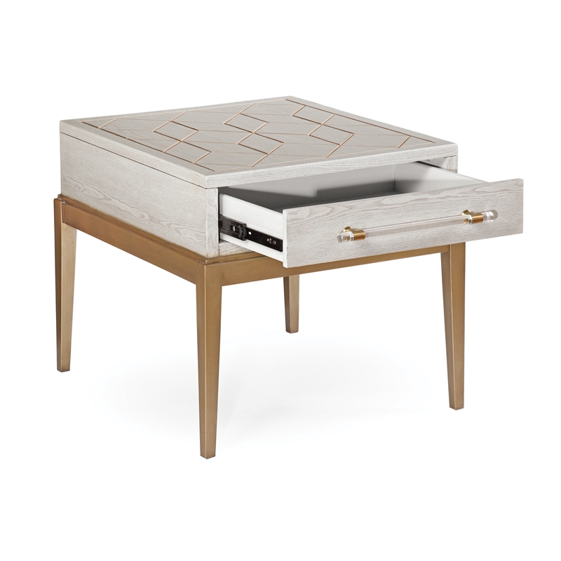 Pemberly Row Soft White Wooden End Table with Gold and Acrylic Accents