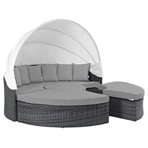 Pemberly Row Canopy Rattan and Fabric Patio Daybed in Canvas/Gray