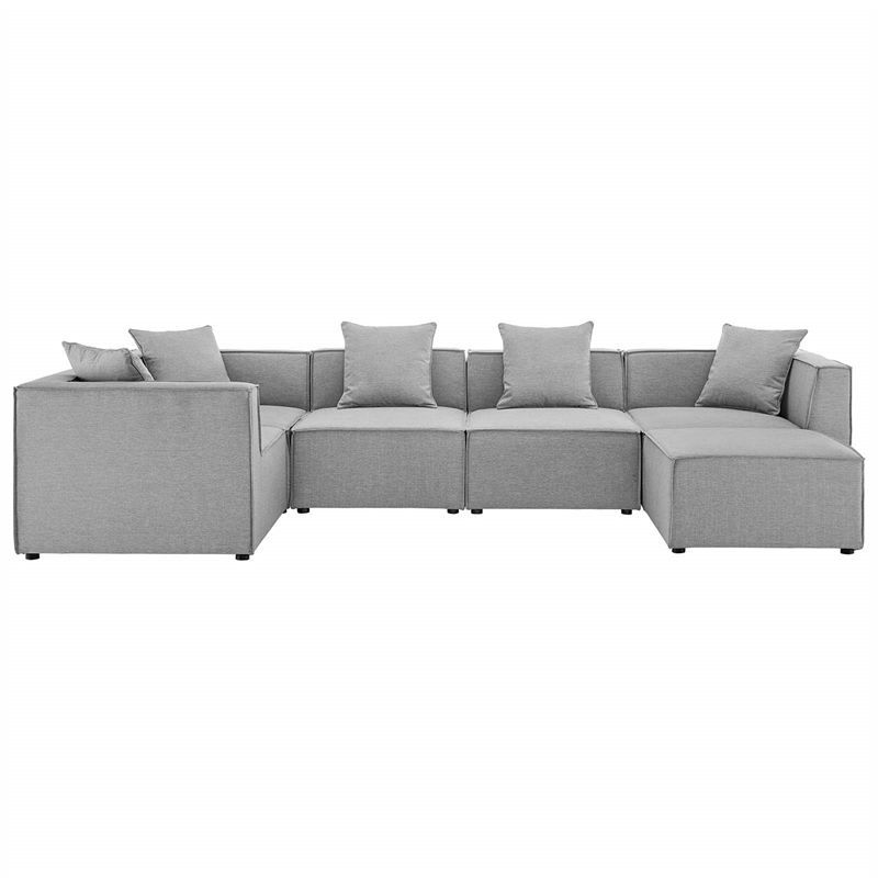 Pemberly Row 6-Piece Fabric Upholstered Outdoor Patio Sectional Sofa in Gray