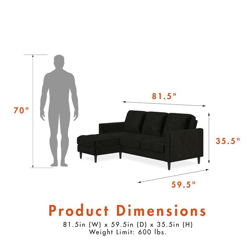 Pemberly Row Reversible Sectional Sofa Couch in Black Velvet