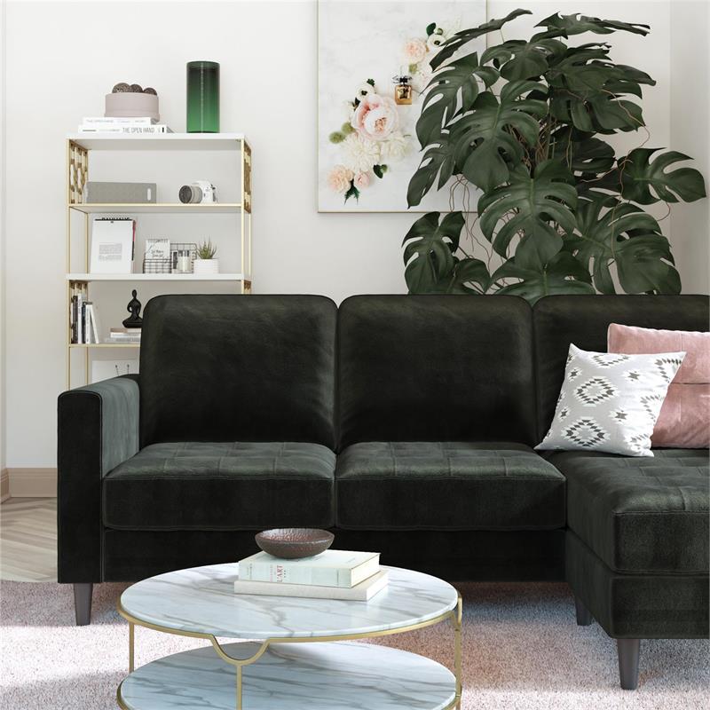 Pemberly Row Reversible Sectional Sofa Couch in Black Velvet