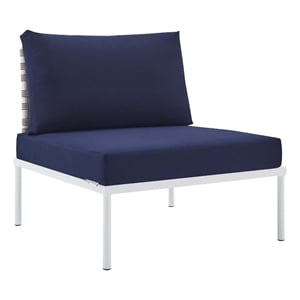 Pemberly Row Fabric Basket Weave Patio Armless Chair in Tan/Navy