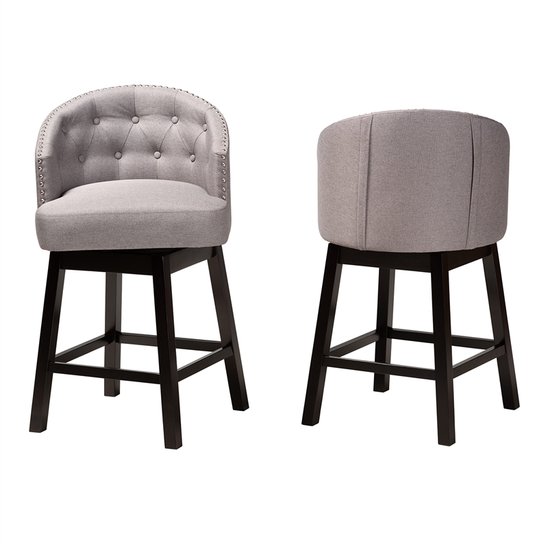 Pemberly Row Gray Fabric and Brown Wood 2-Piece Swivel Counter Stool Set