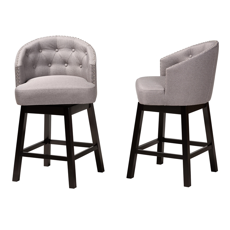 Pemberly Row Gray Fabric and Brown Wood 2-Piece Swivel Counter Stool Set