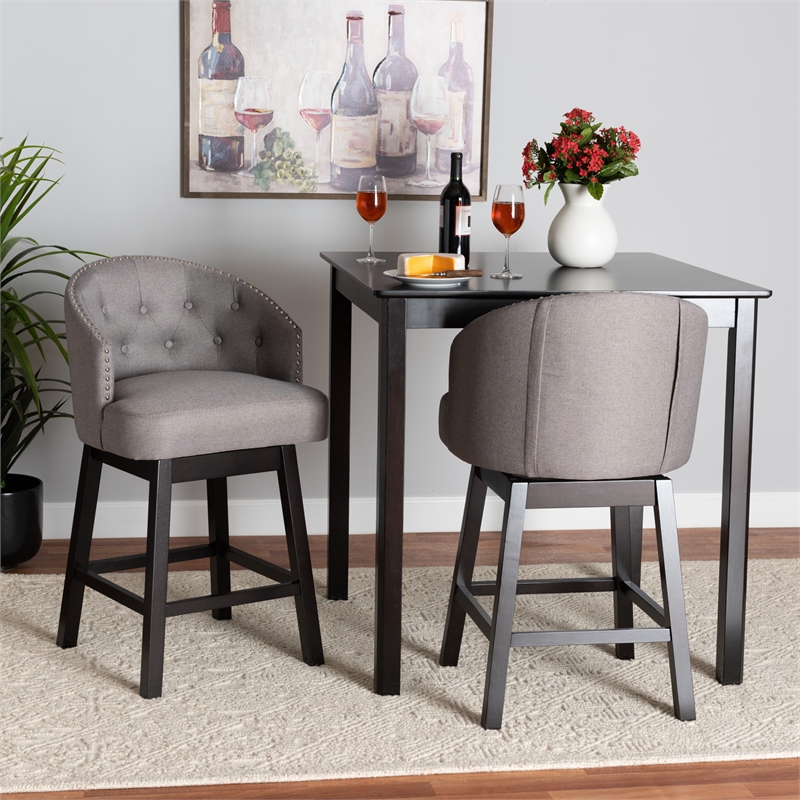 Pemberly Row Gray Fabric and Brown Wood 2-Piece Swivel Counter Stool Set
