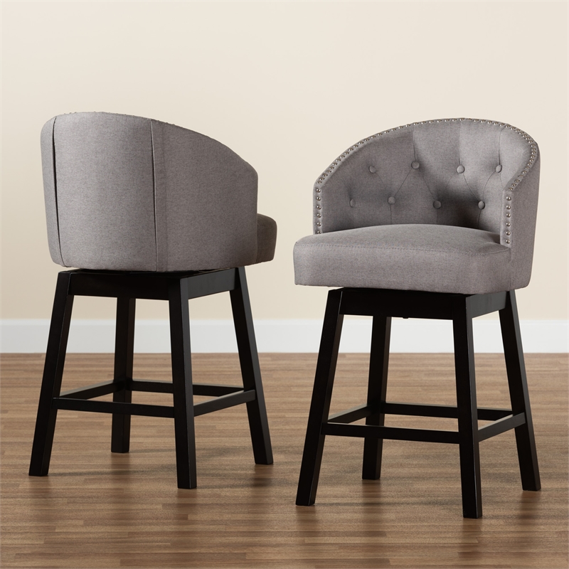 Pemberly Row Gray Fabric and Brown Wood 2-Piece Swivel Counter Stool Set