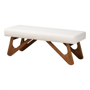 Pemberly Row Cream Boucle Fabric and Walnut Brown Finished Wood Bench