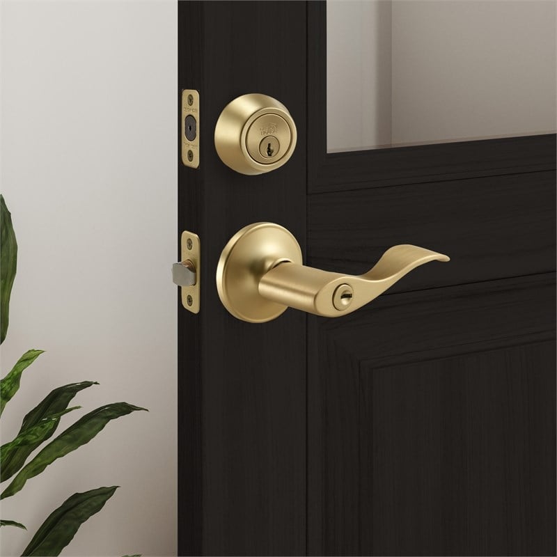 Pemberly Row Single Cylinder 2-Way Round Corner Deadbolt with Latch in Gold