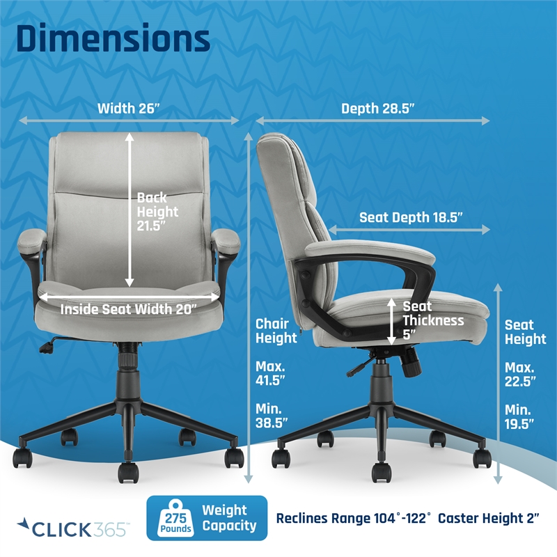 Pemberly Row Modern Ergonomic Mid Back Desk Chair Fabric Gray